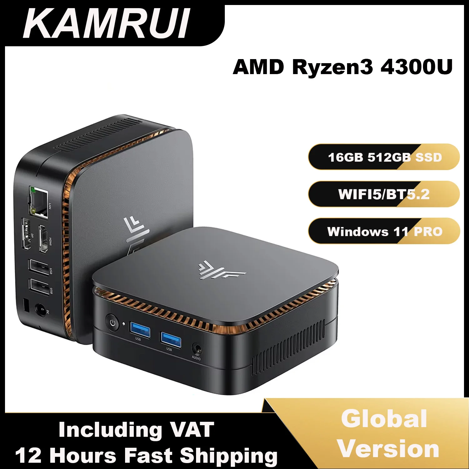 KAMRUI AMD Ryzen 3 4300U Mini-PC 16 GB DDR4 512 GB M.2 SSD Mini-Computer WIFI 2,4 + 5G BT4.2 Triple 4K@60Hz Display UHD für Büro