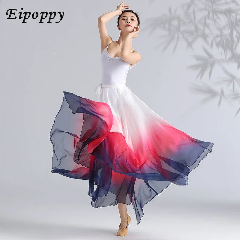 Classical Danse Comtemporaine Gradient Tencel Elegant Large Swing Skirt Lace-up Ethnic Performance Practice Skirt