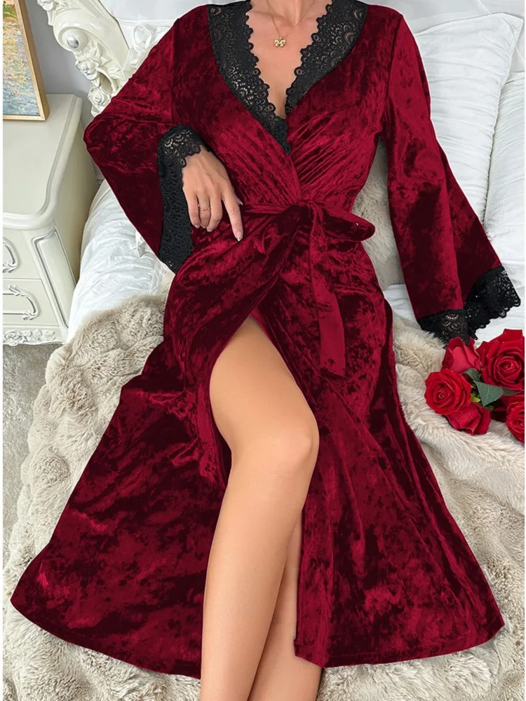 

Women's Home Clothing Sexy Lace Pajamas Long Sleeve Homewear Elegant Comfortable Solid Color Leace-up Slim Trendy Long Sleeves