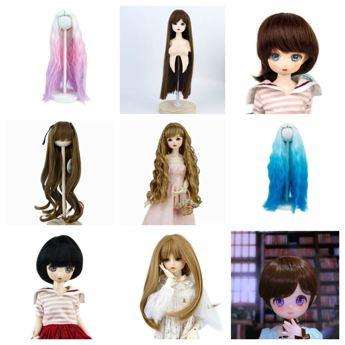 

Sale 1/3 BJD Wig 9'' Head Long Curly Hair Short Straight Varies Color Synthetic Fiber For Dollfie Dream Dolls