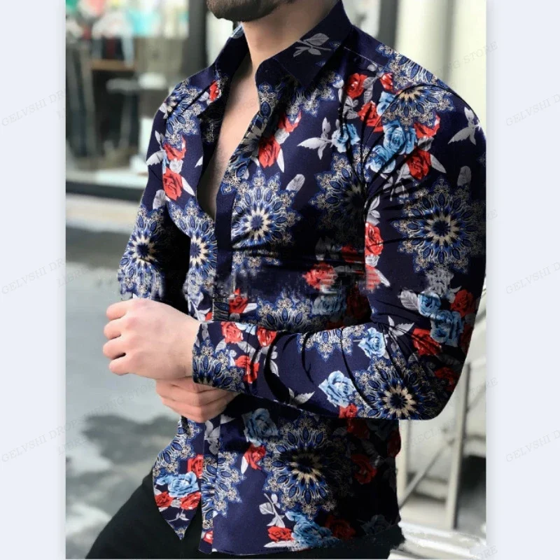 Turn Over Collar Camisas Flower Shirts Button Up Long Sleeve Hawaiian Shirts Men Fashion Shirt Floral Blouses Cuba Beach Blouse