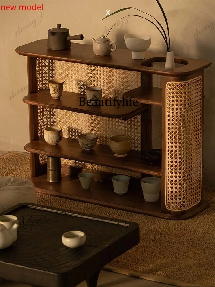 DD182Tabletop heightening rack baffle rack solid wood rattan display stand