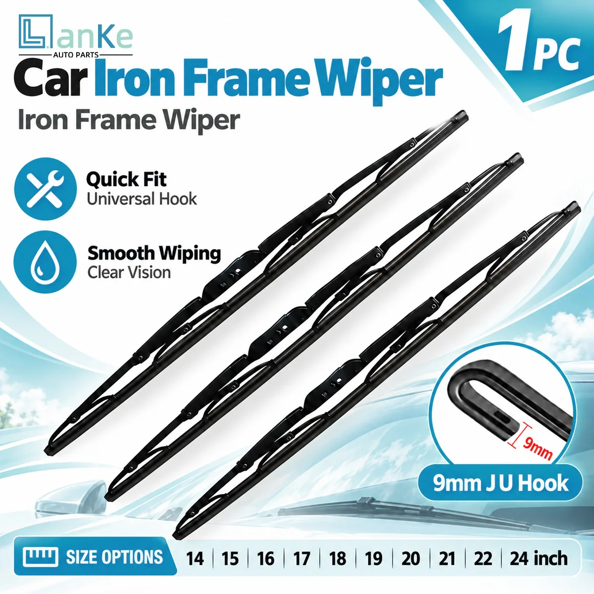 LankeUniversal Iron Frame Wiper Blade 9mm Hook Type Car Front Window Wiper Replacement Rubber Blade Smooth Wiping AutoAccessory