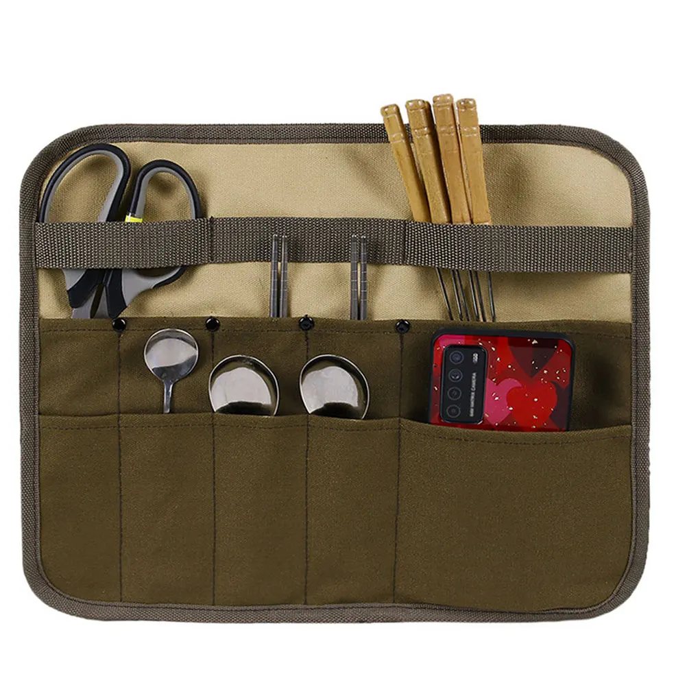 

Cutlery Storage Bag Serving Utensils Hanging Canvas Brown Picnic Tableware Container Travel