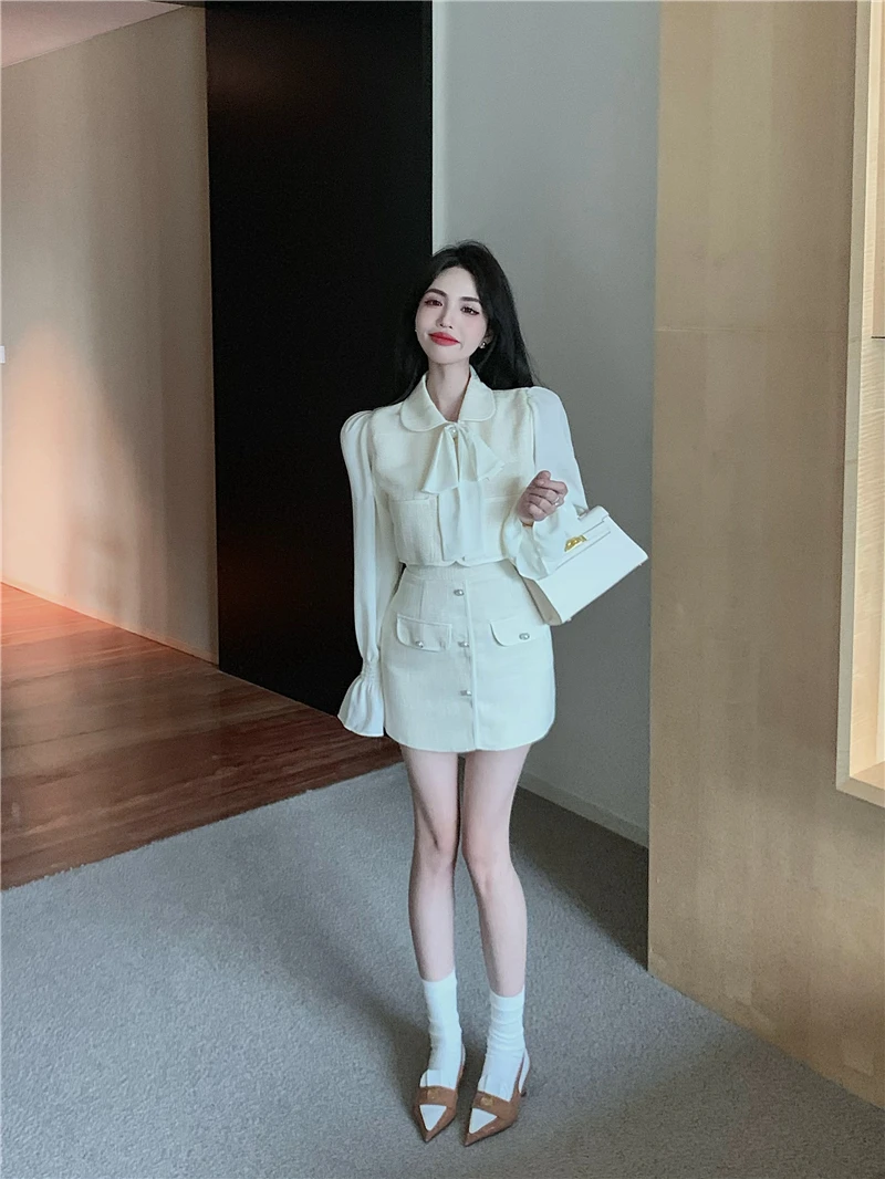 

Korean Fashion New Women Two Piece Skirt Sets Elegant Bow Tie Long Sleeve Shirt Tops + High Waist A Line Mini Skirt Outfits