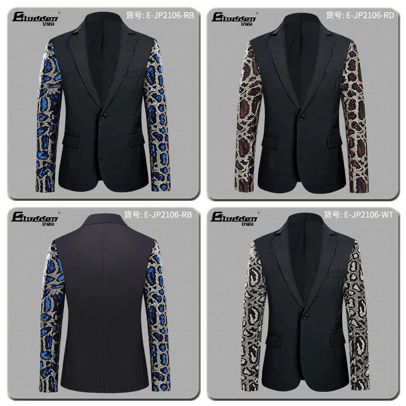 

2026 men's color matching, leopard print sequins, singer, host, stage blazer