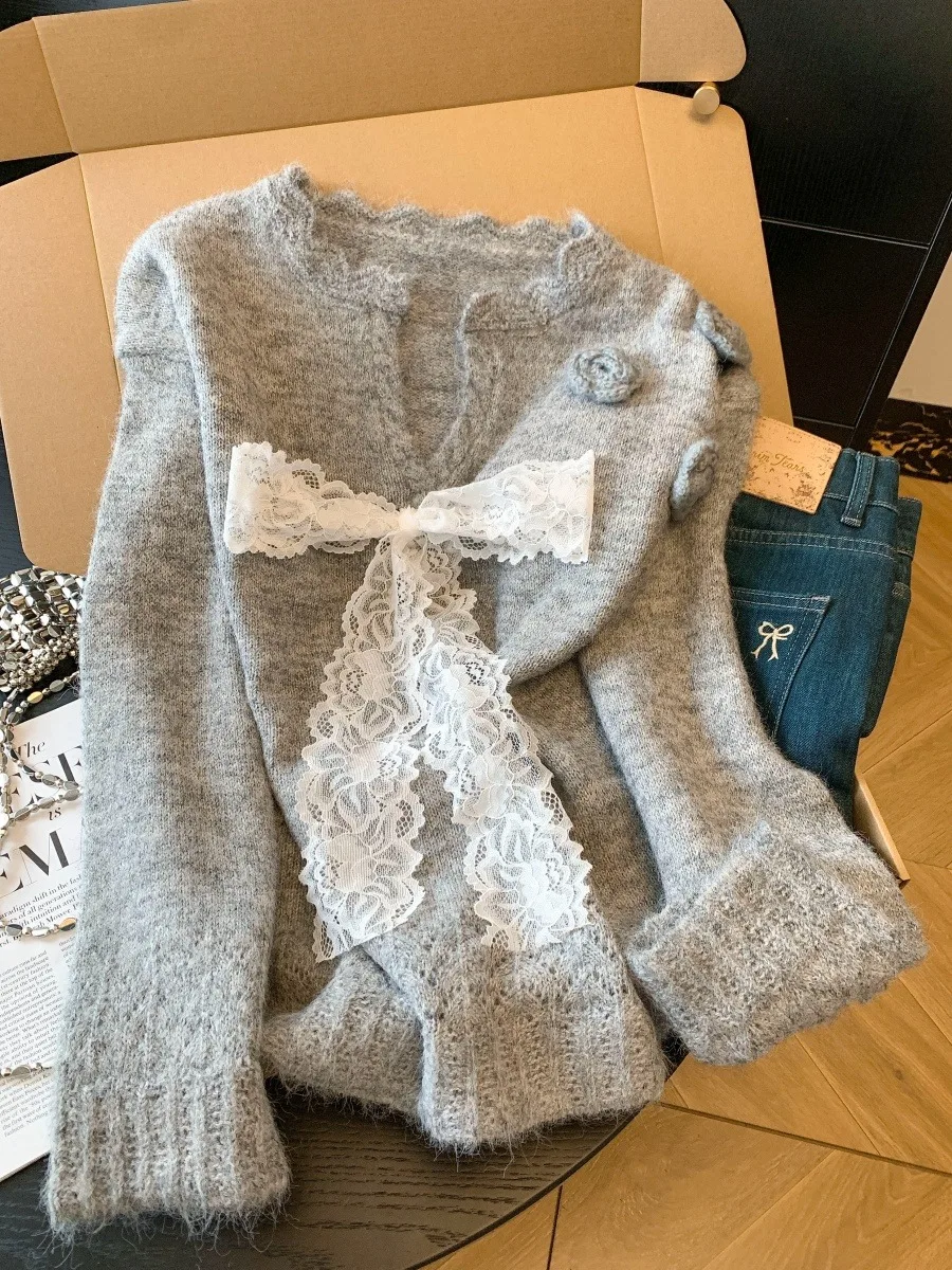 

Sweet Sle V-Ne Lace Knot Sweater Women's Autumn Winter Lazy Long Soft Knitted Top Floral Pattern Casual Ciwalk