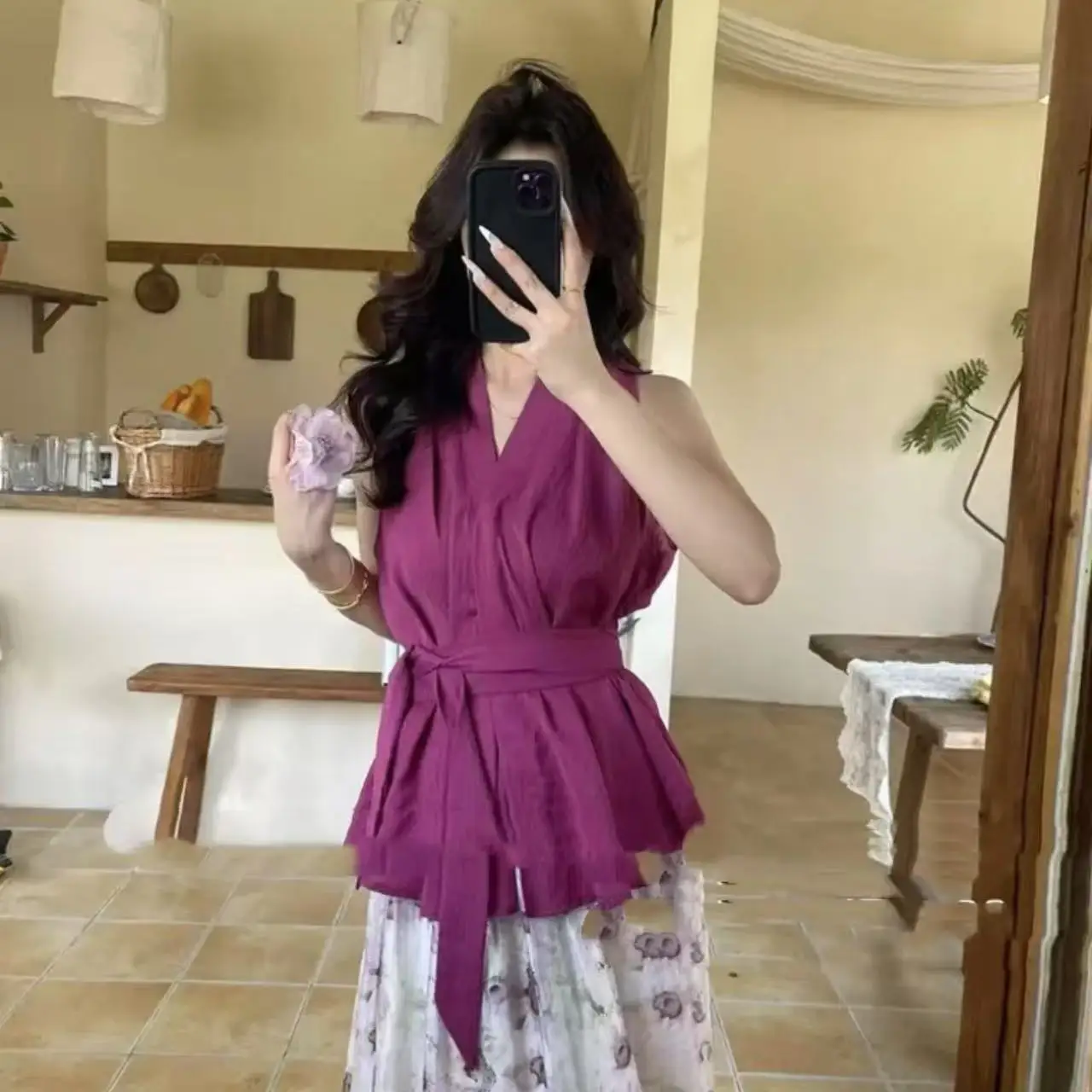 النمط الفرنسي بلا أكمام تانك الأعلى المرأة الصيف موضة جديدة سليم صالح التعادل الخصر قميص #6