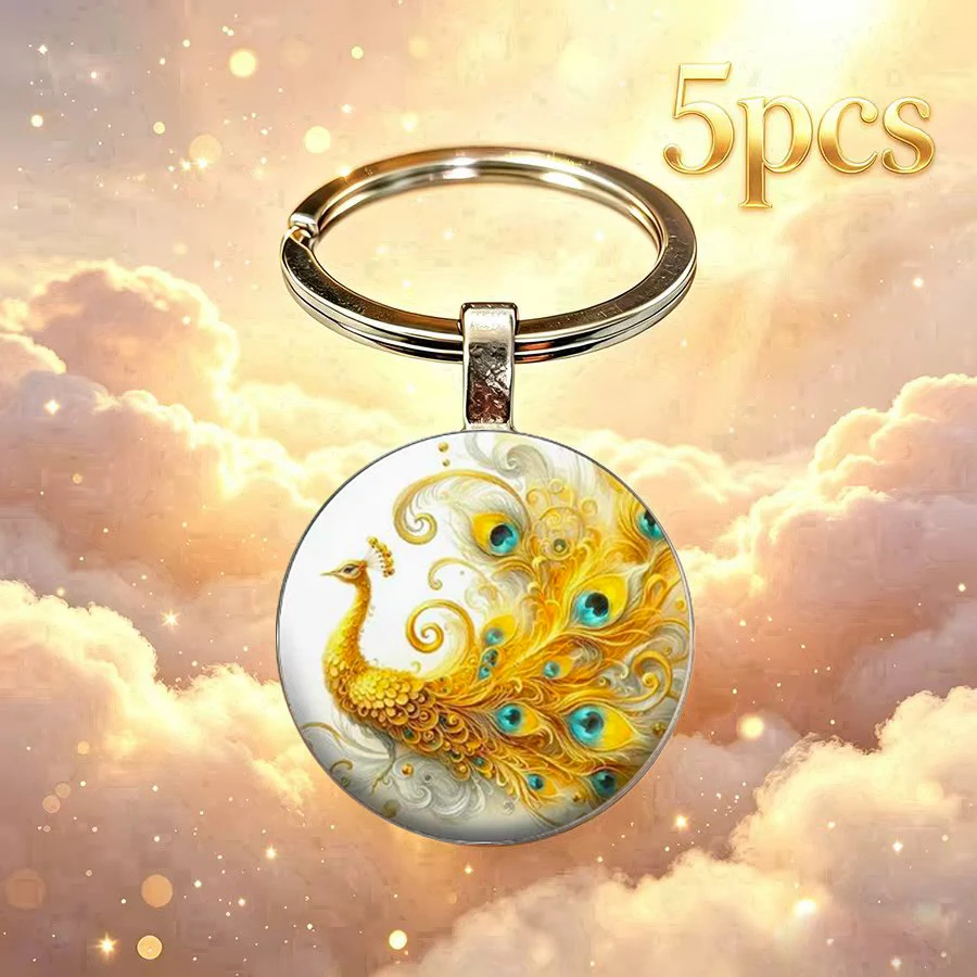 5PCS Lucky Yellow Feathered Peacock Gorgeous Pattern Keychain Open Screen Good Luck Perfect Gift Selection