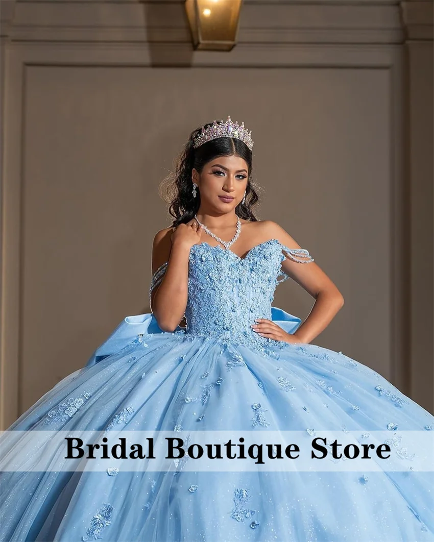 

Princess Sky Blue Quinceanera Dresses Gown 2025 Bow Bead Appliques Straps 15th Birthday Party Sweet 16 Ball Gown Customized