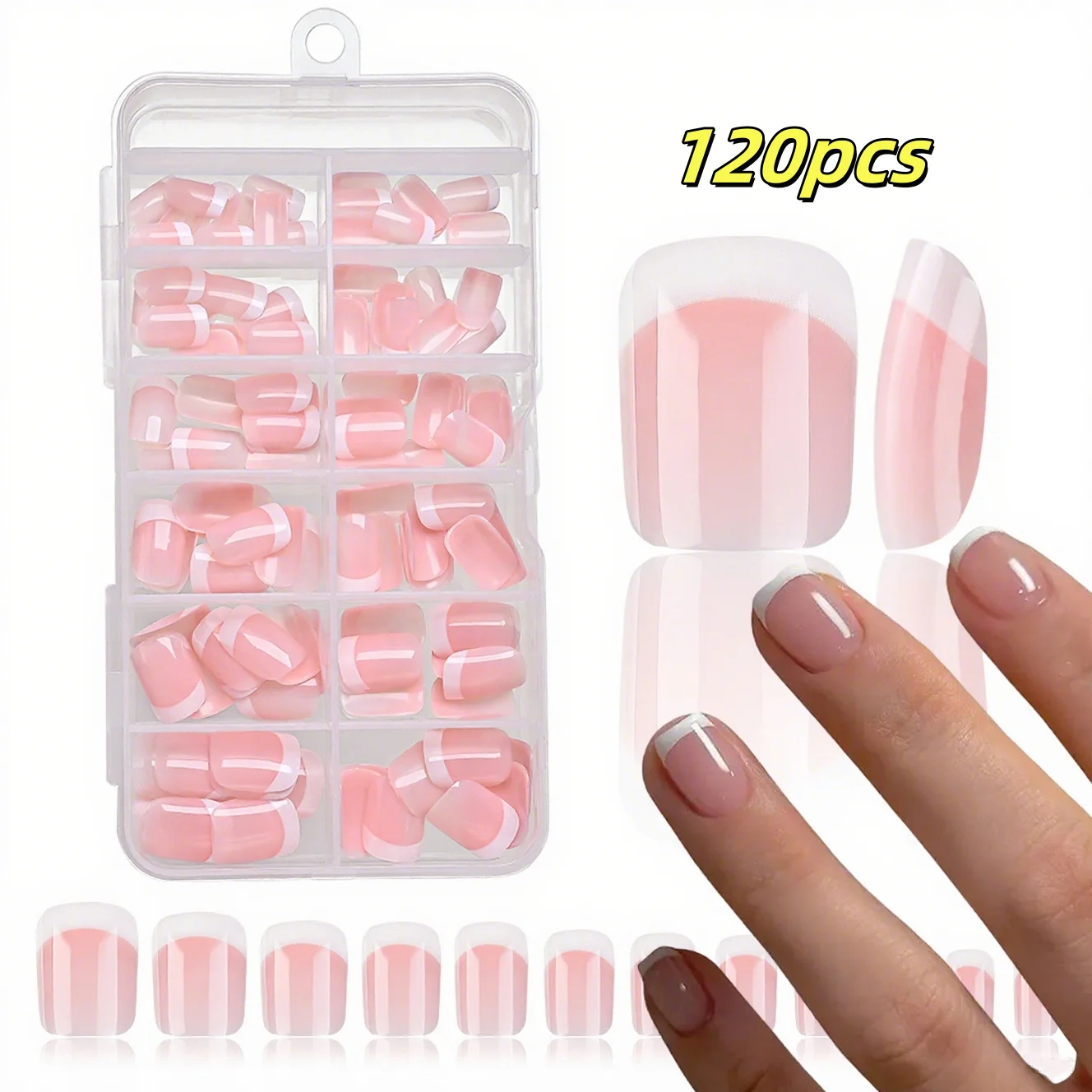 

120pcs Short Square Pink White French Press-On Nails Pre-Lasting Glossy Full Cover Manicure Nails for Daily Work/Study/Party DIY