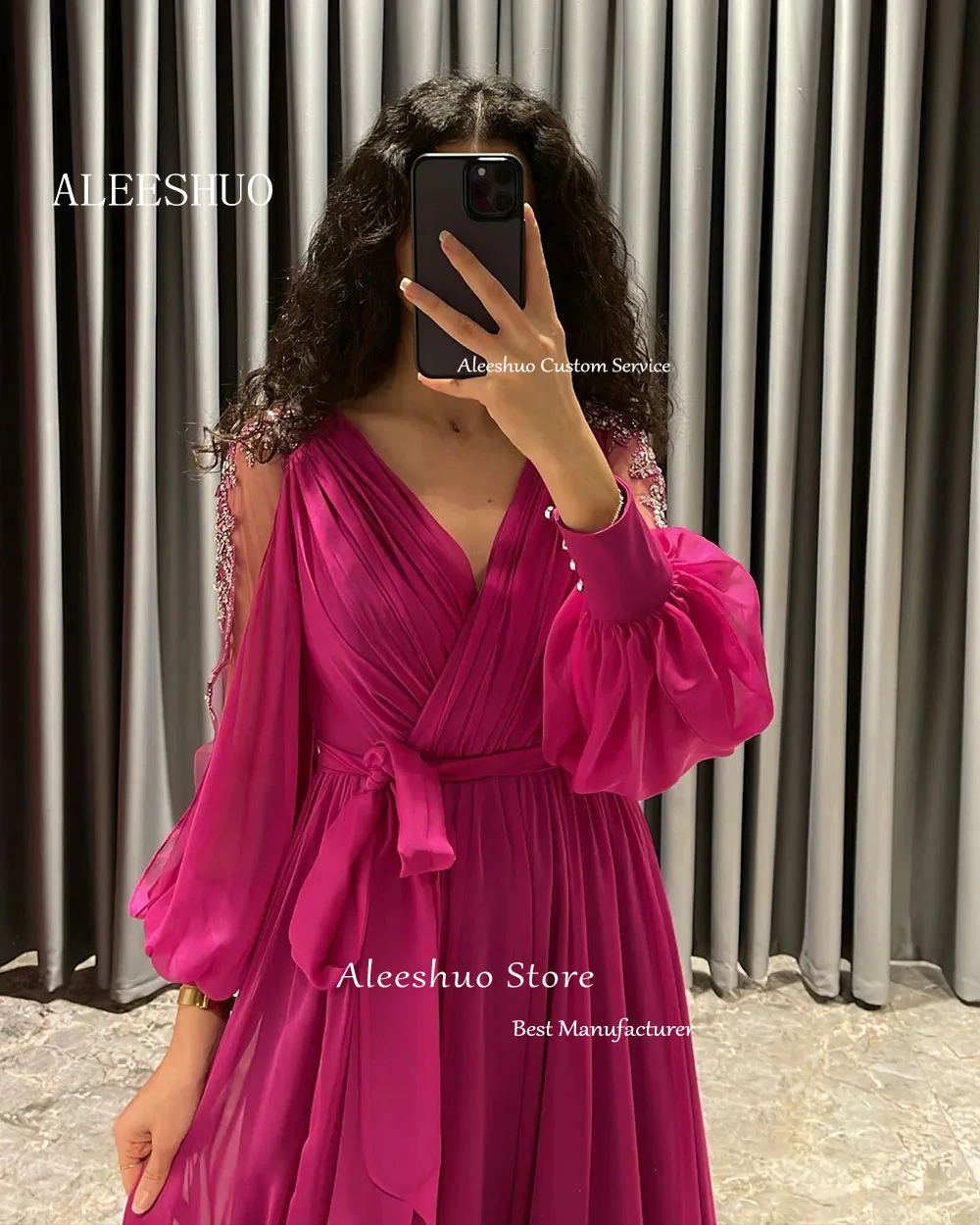 Aleeshuo-vestidos de graduación con cuentas verdes, gasa, fiesta de boda, manga larga, cuello en V, vestidos formales para fiesta de graduación, vestidos con abertura lateral personalizados