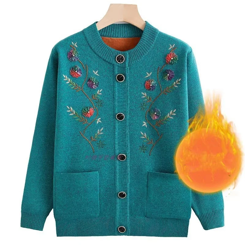 

Spring Autumn Sweater Female Middle-Aged And Elderly Sweater Mother Cardigan Add Velvet Add Thick Winter Grandmother Coat