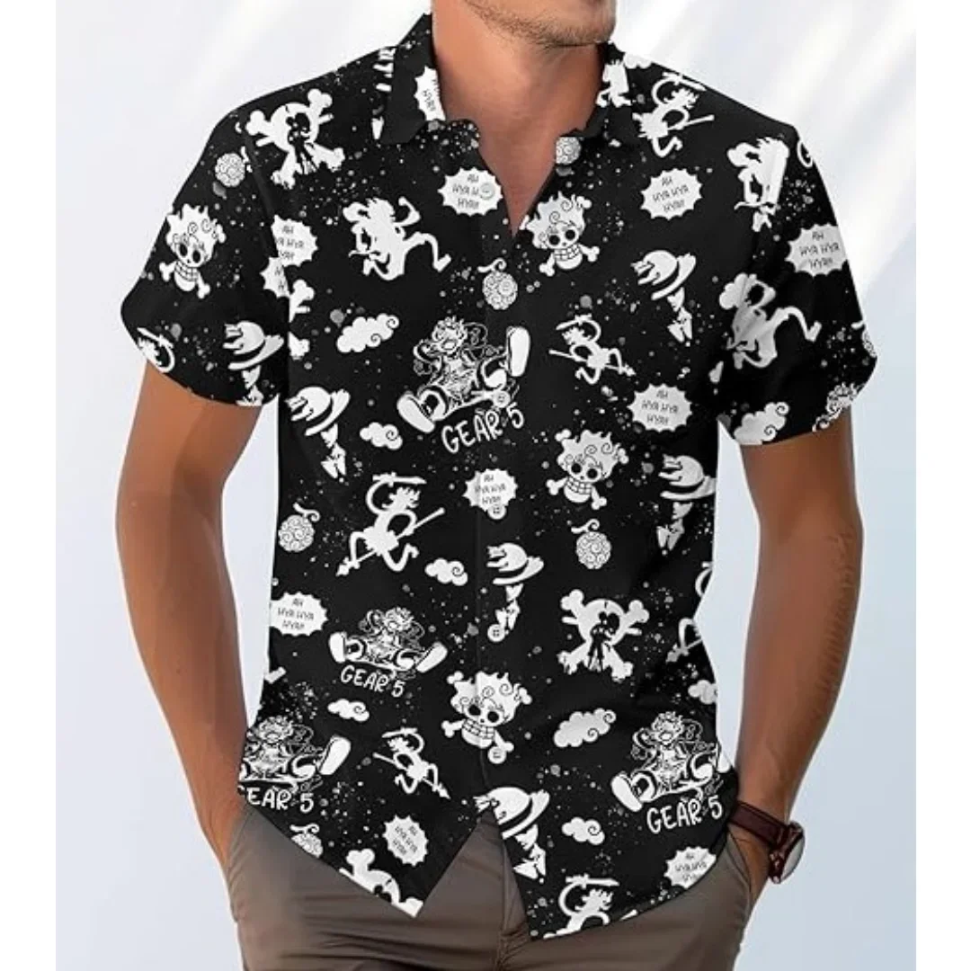 Stylisches Einteiliges Hawaii-Hemd für Herren mit Luffy-Druck, Kurzarm, Locker Geschnitten, Lässige Anime-Kinderkleidung, Tropisches Urlaubshemd