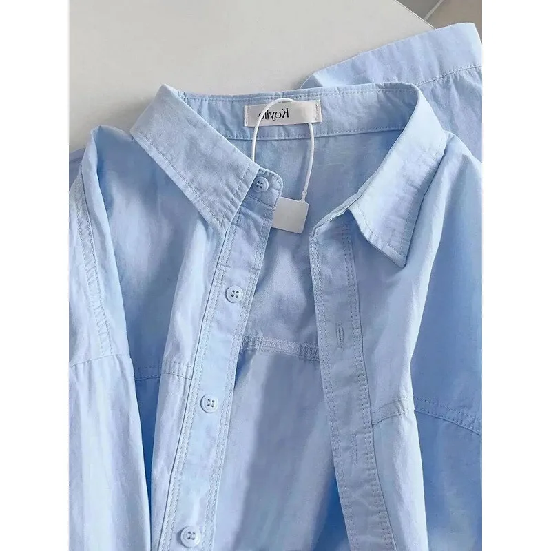 Light Luxury Blue Pure Cotton Women's Long Sleeve Sun Protection Outerwear 2025 New Elegant Chic Loose Top Shirt Jacket