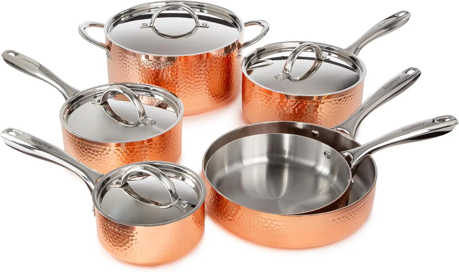 21Berghoff Vintage 10Pc Tri-Ply Copper 18/10 Stainless Steel Cookware Set With Matching Lids, Hammered, Long Ergonomic Shaped