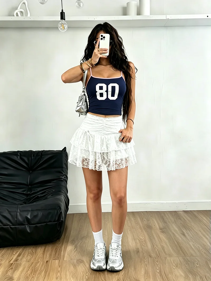 

Women's outfit - casual and elegant digital printed square neck camisole top+lace solid color elastic waist skirt set