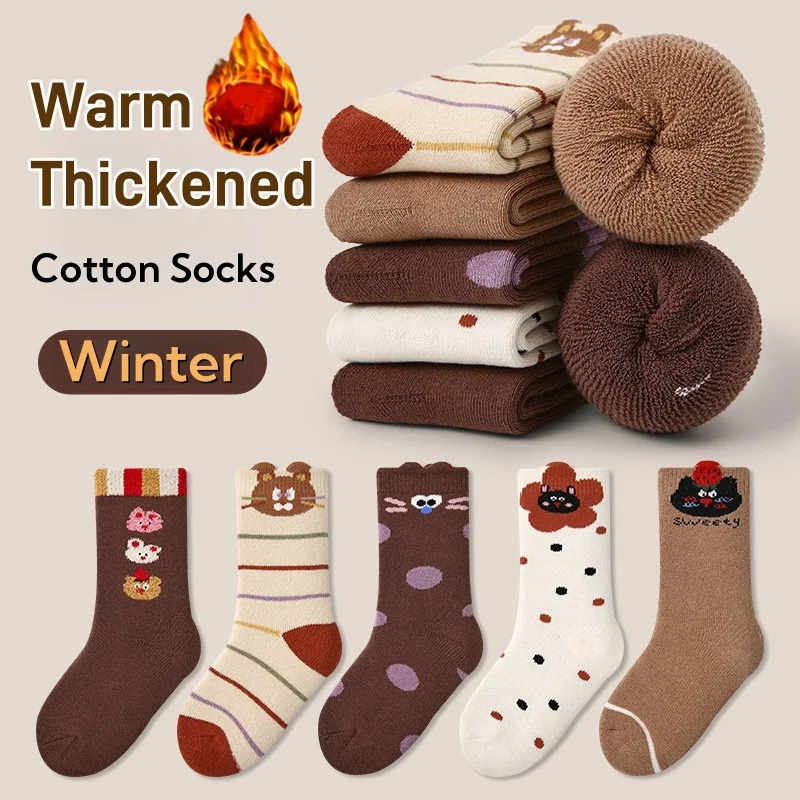 Children's Winter Socks Child Cartoon Terry Socks Thicken Cotton Socks Baby Warm Socks Girls Polka Thermal Terry Socks 5 pairs