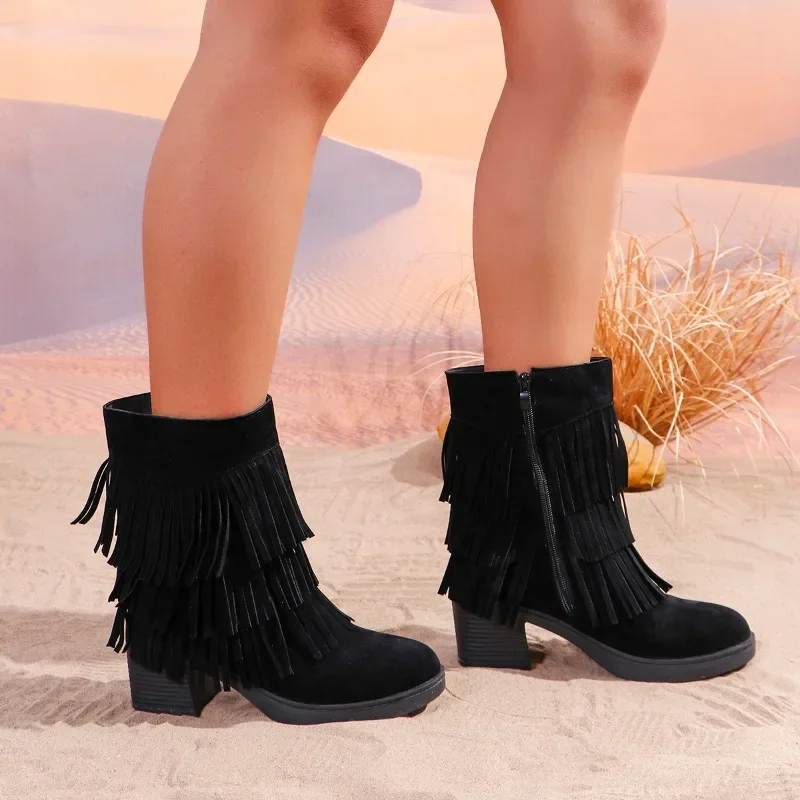 Chelsea Tassels High Heels Ankle Boots Fashion Women Shoes Suede Platform Snow Boots Women 2024 Trend Chunky Goth Botas Mujer