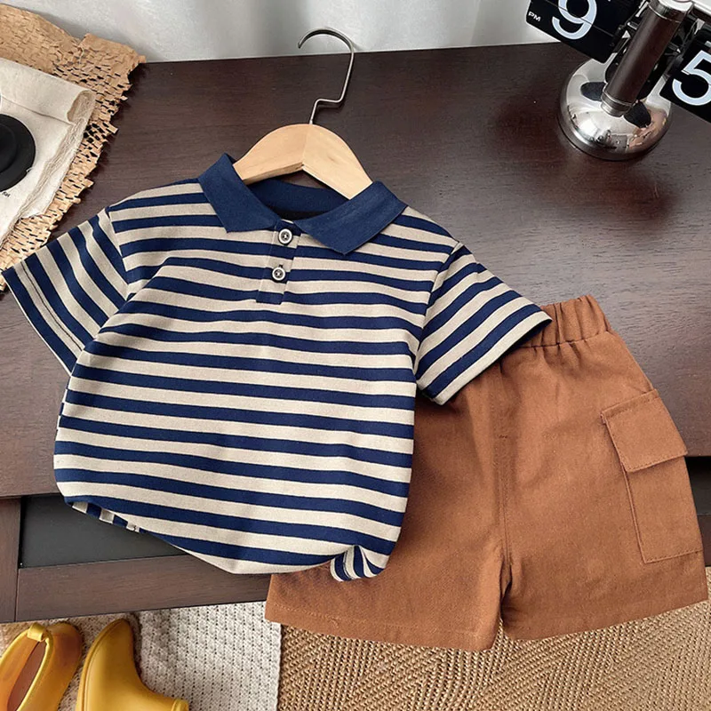 

2Piece Sets Summer Baby Boy Boutique Clothing Casual Fashion Stripe Short Sleeve Cotton Tops+Shorts Korean Kids Clothes B007