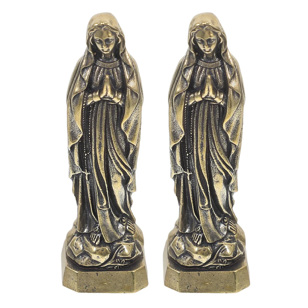 

2Pcs Brass Catholic Virgin Mary Sculpture Vintage Religious Decor Home Altar Tabletop Metal Statue Catholic Statue