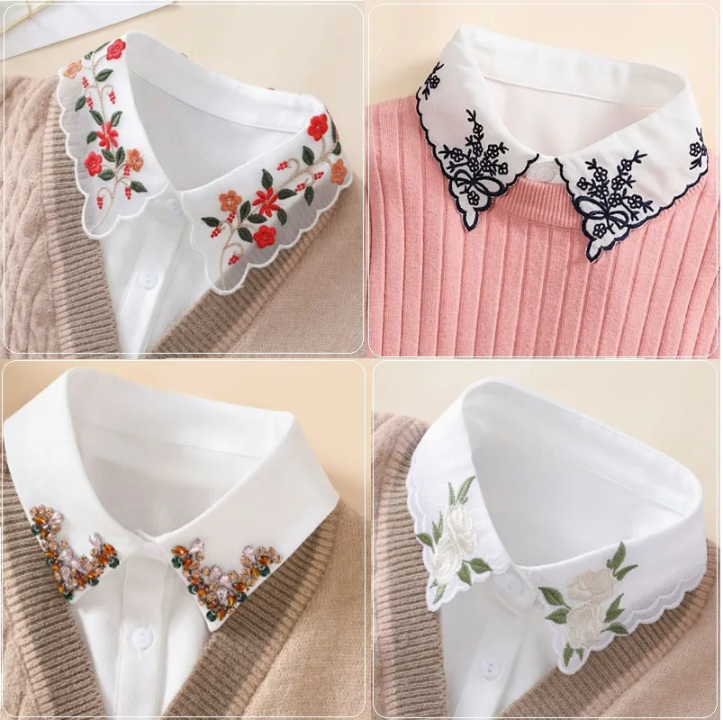 White Embroidery Fake Collar Shirt Women Diamond Decoratio False Collar Lapel Blouse Top Female Detachable Collar Lapel Button