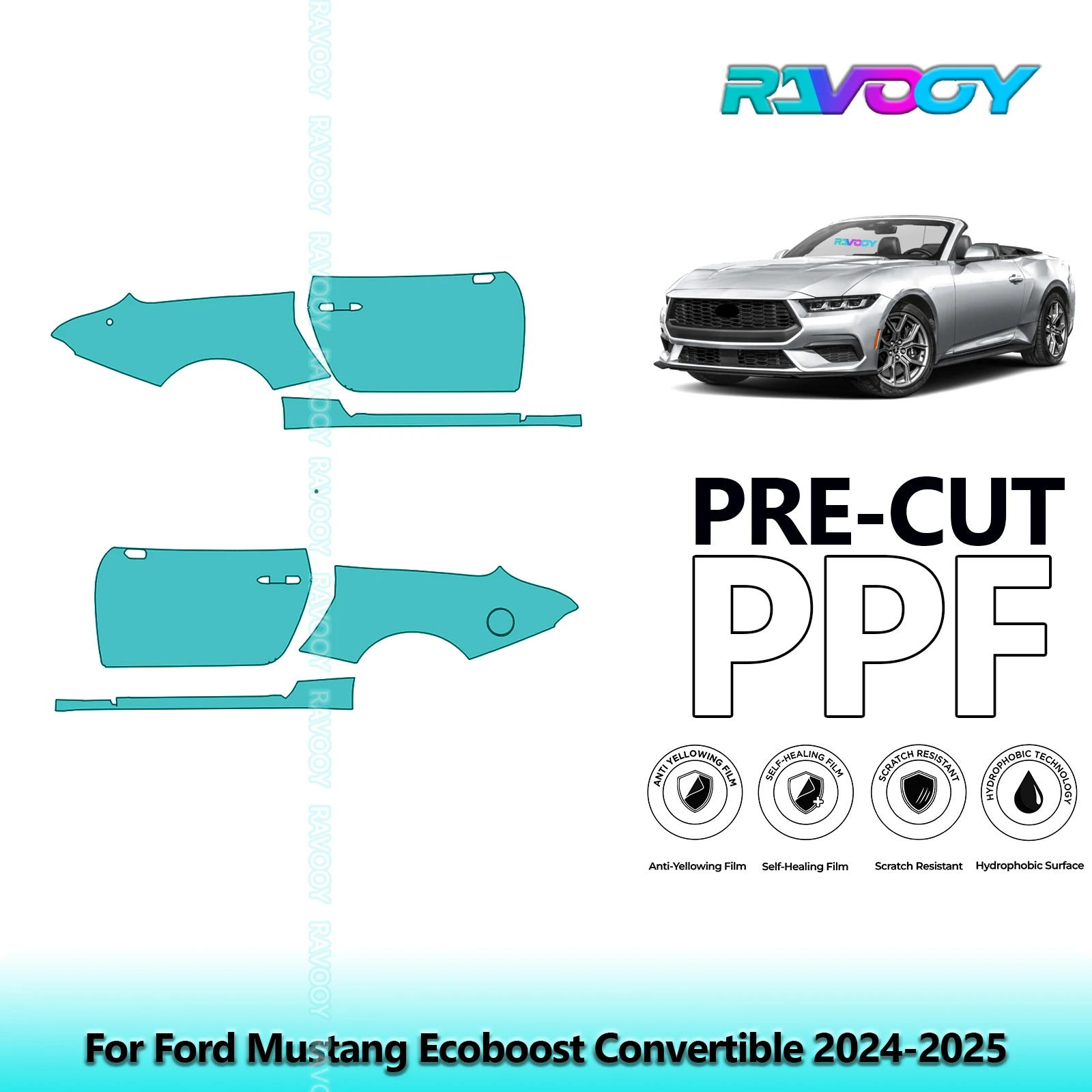 

For Ford Mustang Ecoboost Convertible 2024-2025 8.5mil Pre-Cut PPF Door & A/B Pillar Kit TPU Paint Protection Film Set