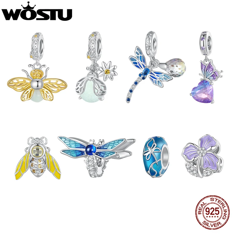 WOSTU 925 Sterling Silver Glow in the dark Firefly Charms Dragonfly Crytal Pendant Flower Beads Fit DIY Bracelet Necklace Gift