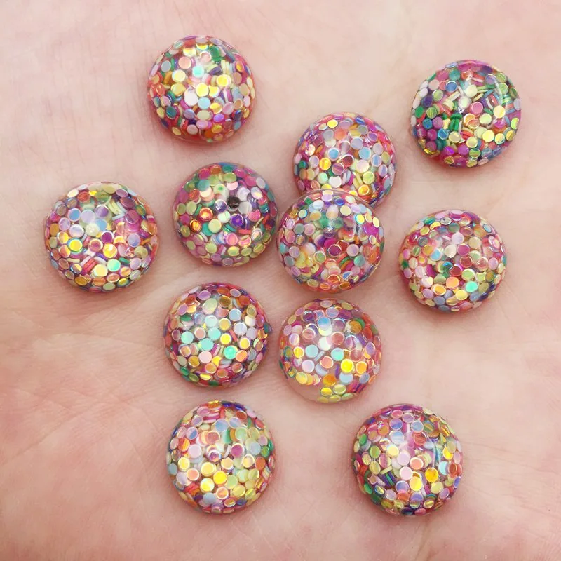 50PCS Resin 10mm Colorful Glitter Round Bead Flatback Rhinestone Scrapbook Crafts Diy Half Beads Jewelry Making W7710