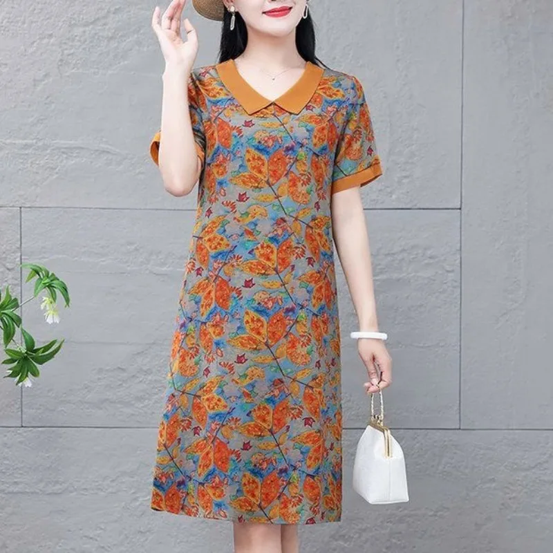 2024 Summer Women's New Patchwork Pullover Turndown Collar Printing Fashion Slim Fit Versatile Casual Short Sleeve Dresses