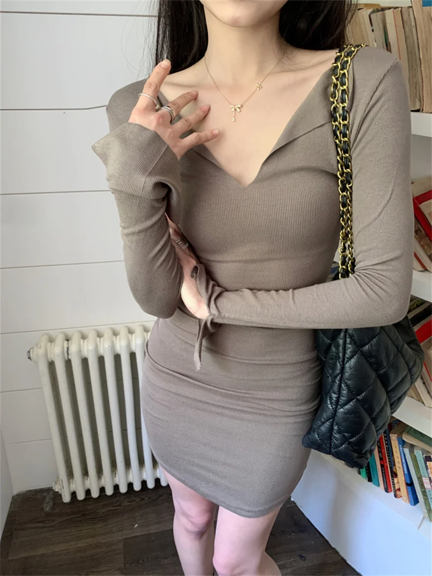 فستان ملاصق للجسم صغير للنساء ، مثير ، كم طويل ، قلادة على شكل حرف v ، بلون واحد ، أنيق ، للنادي الليلي ، يومي ، حفلة ، خريف ، جديد ، #5