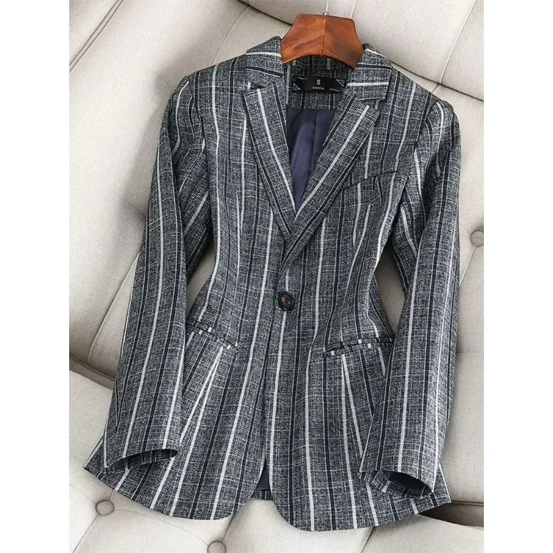 Blazer feminino justo listrado formal, casaco de manga comprida feminino, botão único, roupa de trabalho de negócios, jaqueta azul feminina