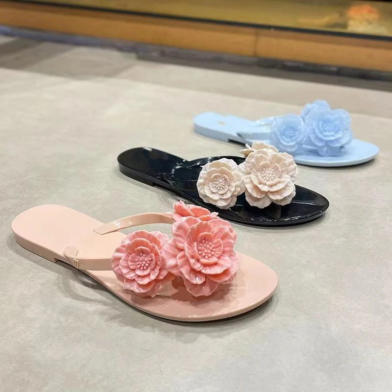 2024 Summer New Women\'s Flip Flops Brand Design Ladies 3D Camellia Flat Bottom Casual Beach Shoes Girls Jelly Slippers