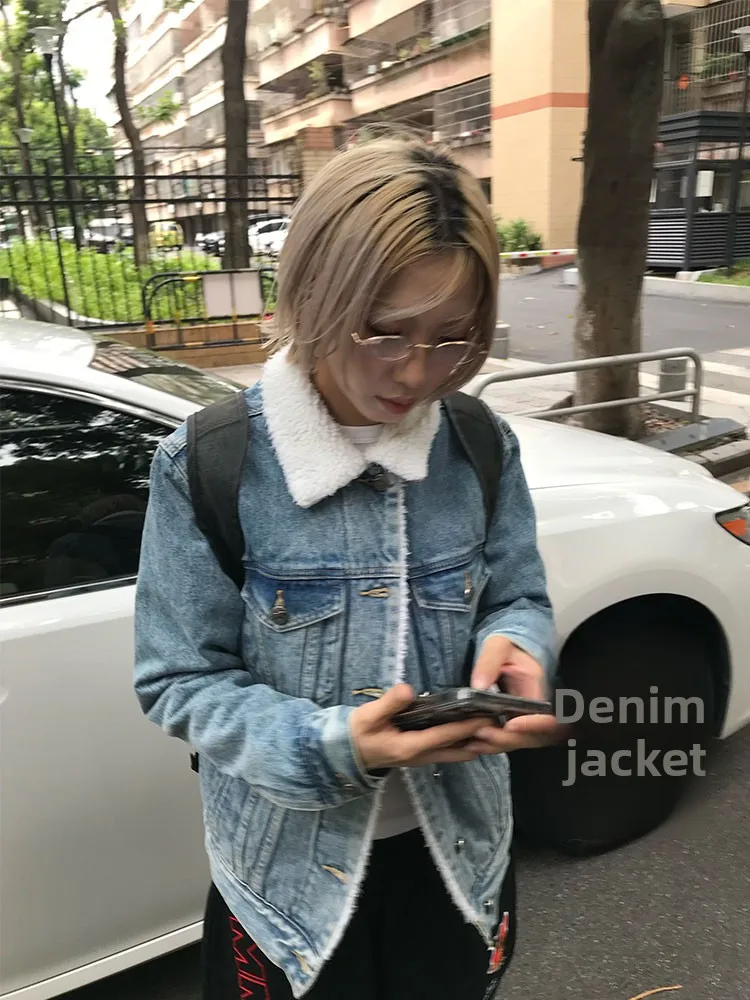 

MMBBT Thiened Blue Lamb Fur Waed Джинсовый джинсовый джинт женский зимний теплый повседневный винтажный топ из хлопка с подставкой Long Sve