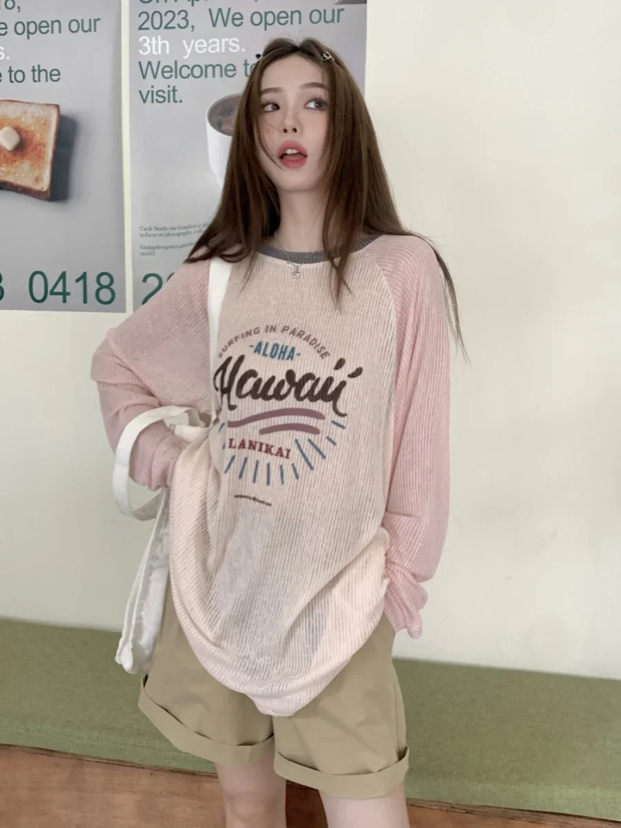 Women Y2K Hawaii Aloha Surf Print Long Sleeve T Shirt, Vintage Raglan Sleeve Thin Sun Protection Top, Casual Loose Summer Tee