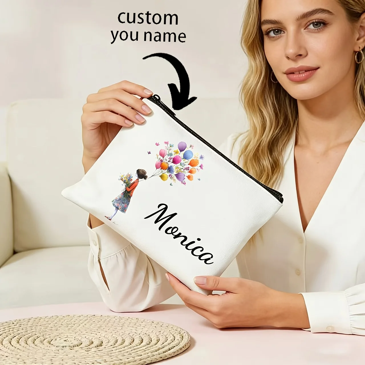 Customized Personalized Balloon Bouquet Design Makeup Bag in White Gift for Women Mothers Daughters Cosmetic Pouch Appreciation