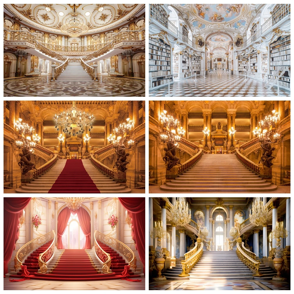 

Luxury Retro Palace Backdrop Vintage Castle Hall Staircase Church Scene Baby Birthday Portrait Wedding Photography Background