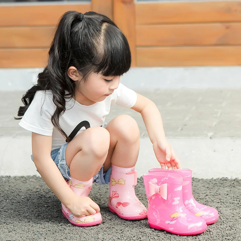 New Children Boys Girls PVC Rain Boots Waterproof Bowtie Rainboots Kids Water Shoes Wellies Non-slip Rain Shoes