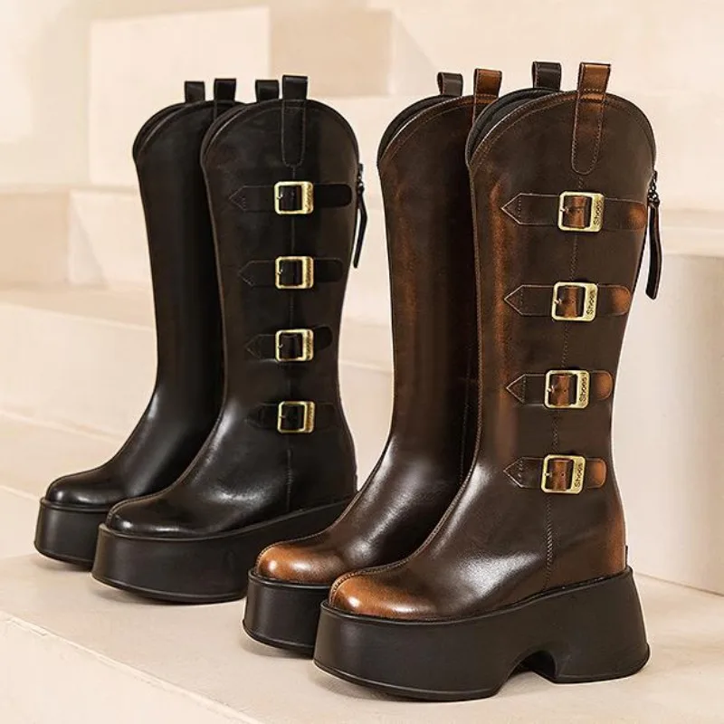 

Женские ковбойские сапоги, новинка осени 2024, женские рыцарские сапоги с пряжкой на ремне, женские высокие сапоги в британском стиле, большие размеры 39,