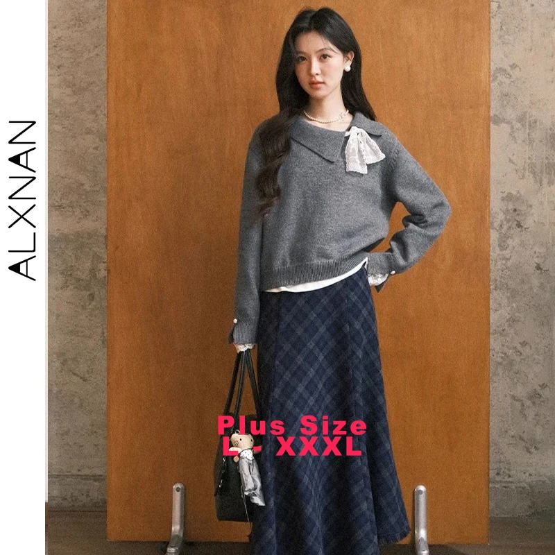 

ALXNAN Plus Size Gray Plaid Skirt High-waist Long A-line Checkered Fishtail Skirt Fall Office Lady Elegant Tassel Skirts D13218