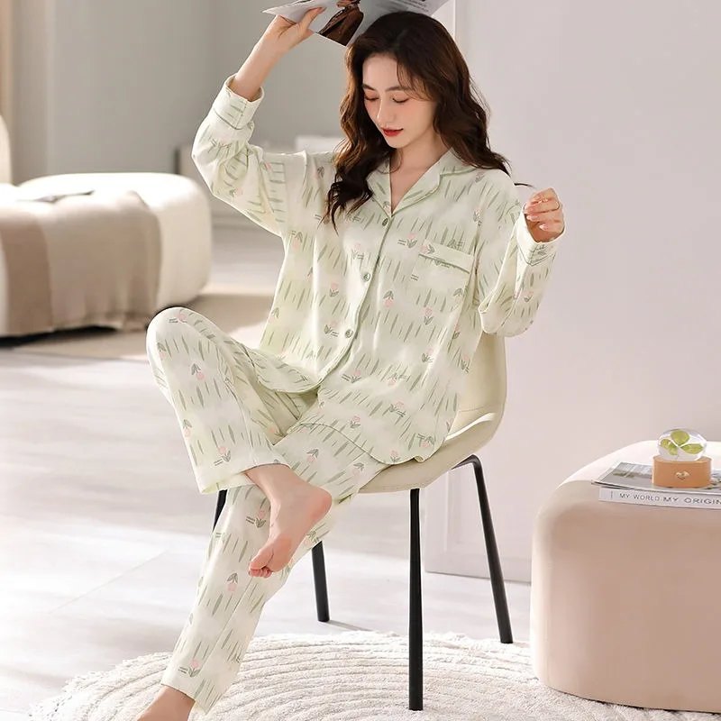 2024 Spring New Pajamas Women Pure Cotton Lapel Long Sleeve Comfortable Homewear Suit Female Sweet Leisure Loose Sleepwear Set