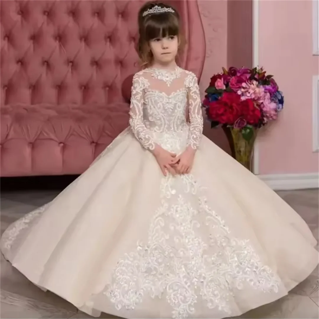 Luxury Lace Appliques Princess Ball Gown With Train For Girls Flower Girl Wedding Dress Birthday Party Dress Piano Performance