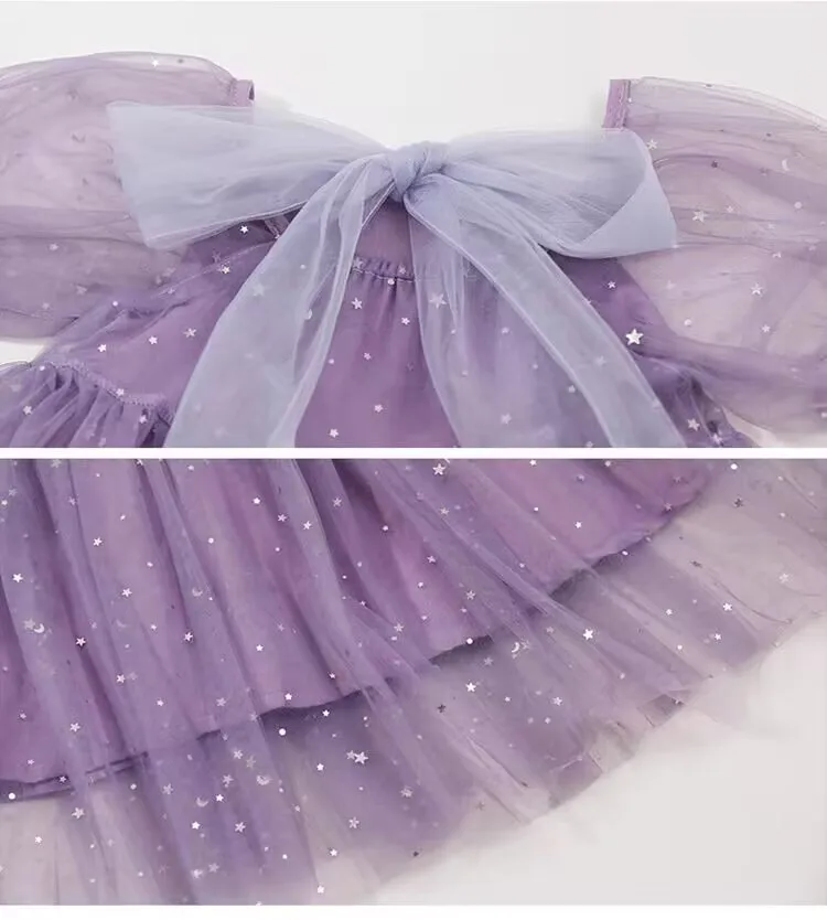 New Summer Girls Princess Dress with Sequin Tulle Puff Sleeves Party Dresses Purple Casual Dresses for Kids