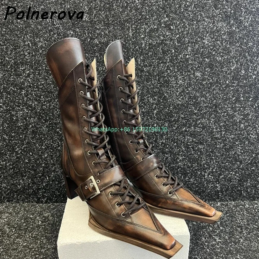 Buckle Belt Cross Tied Boots Strange Style Heels Solid Square Toe Zipper Black Ankle Boots Women's Genuine Leather Modern Boots