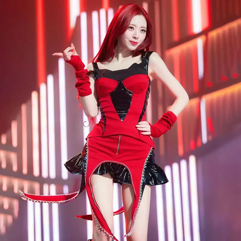 K POP Celebrity Idol Red Singing Costume Girl Group Performance Costume DJ Sexy Suspender Stage Tops Irregular Skirt Set VBH59