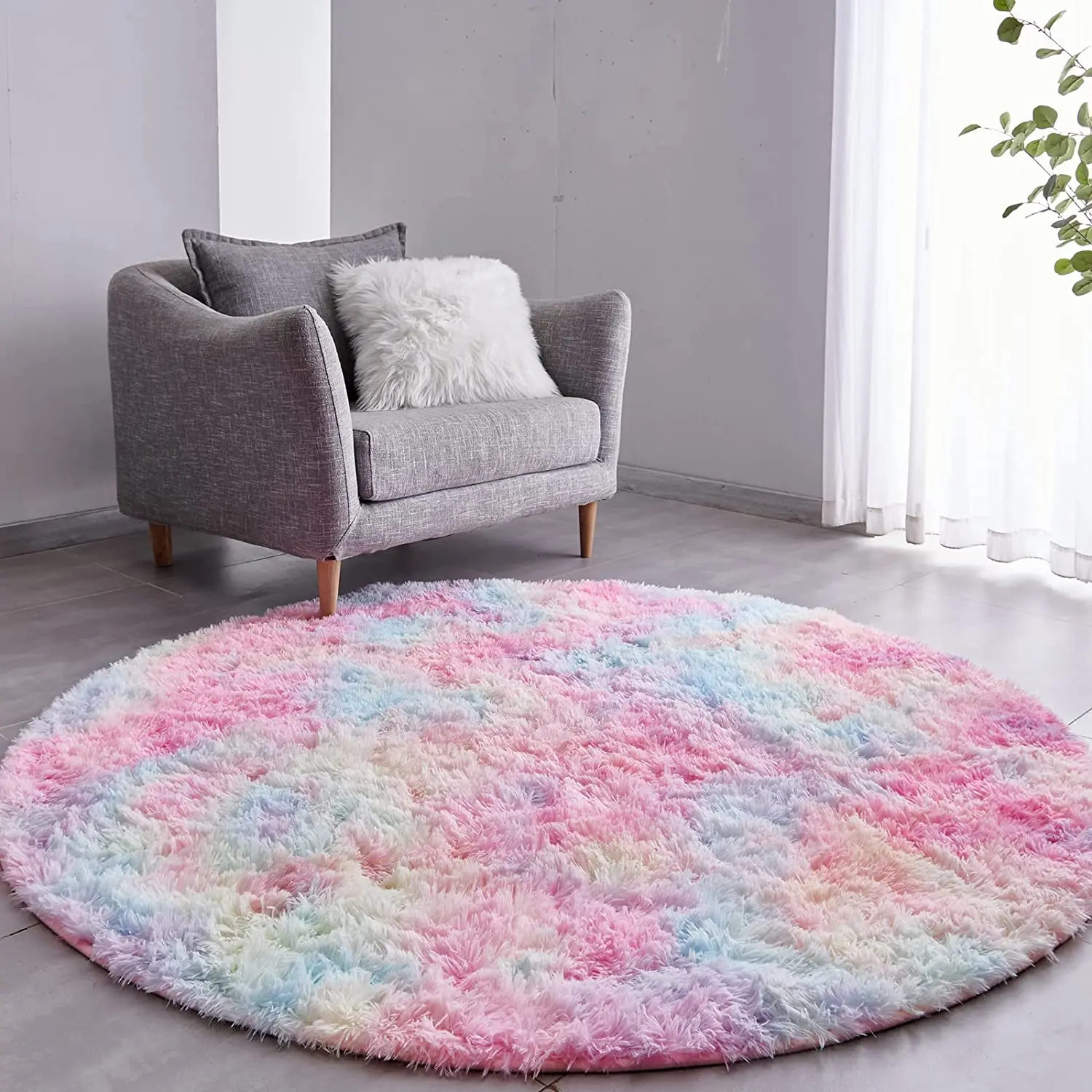 Tie-Dyed Dark Grey Round Rug Ultra-Soft Plush Modern Circle Area Rug for Kid's Bedroom Fluffy Shag Circular Rug for Nursery Rug