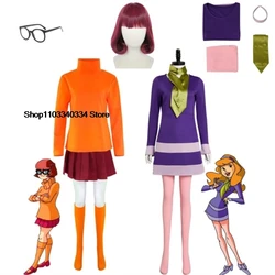 Velma Cosplay Outfit Uniform Wig Anime Woman Daphne Orange Top Skirt Socks Glasses Halloween Costume Set Girls Party Role play