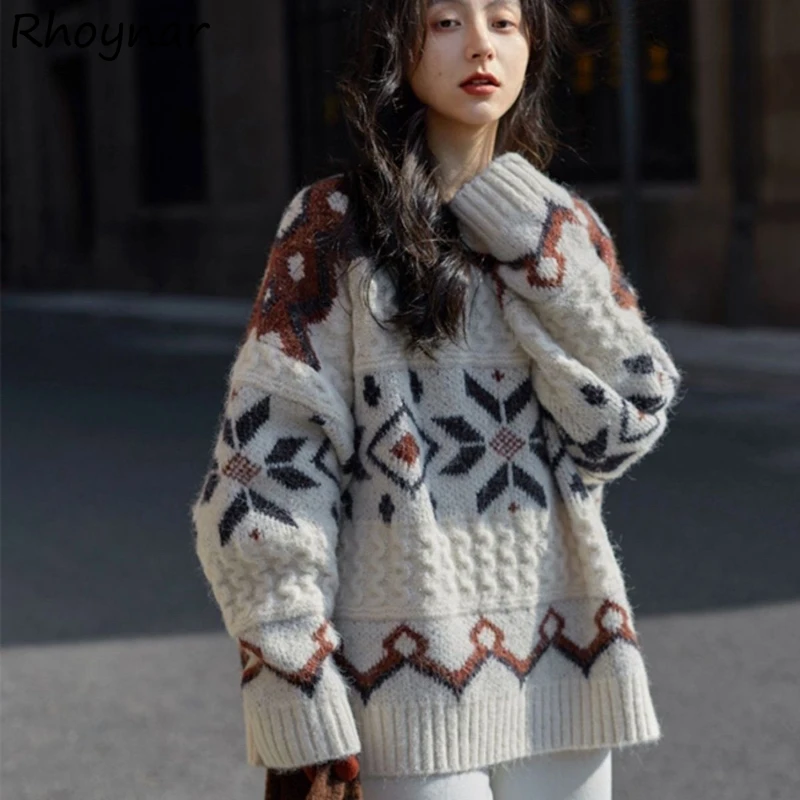 

Pullovers Women Jacquard Retro Design Thickening Winter Pattern Vintage Design Fashion Japanese Style Casual All-match Warm