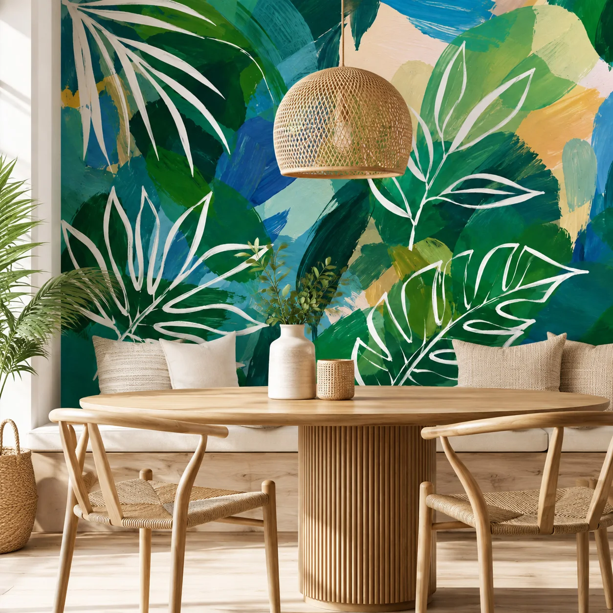 Abstract Tropical Leaves Wallpaper Mural Green Blue Botanical Wall Art Living Room Decor Non Self Adhesive Requires Glue