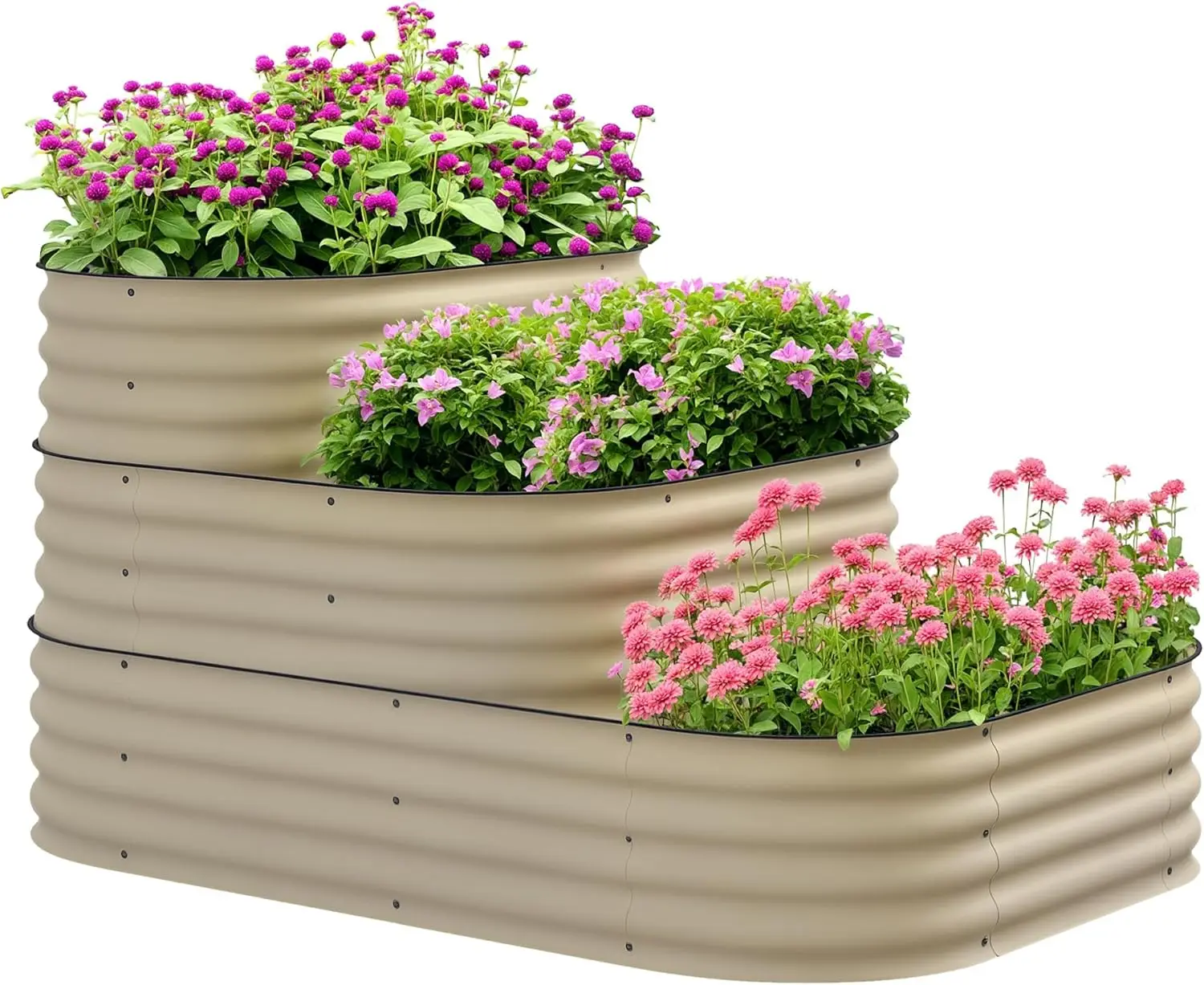 

3-Tier Galvanized Steel Raised Garden Bed Kit, 62.25" x 43" x 32.25", 3 Combining Planter Boxes with Rubber Strip Edging